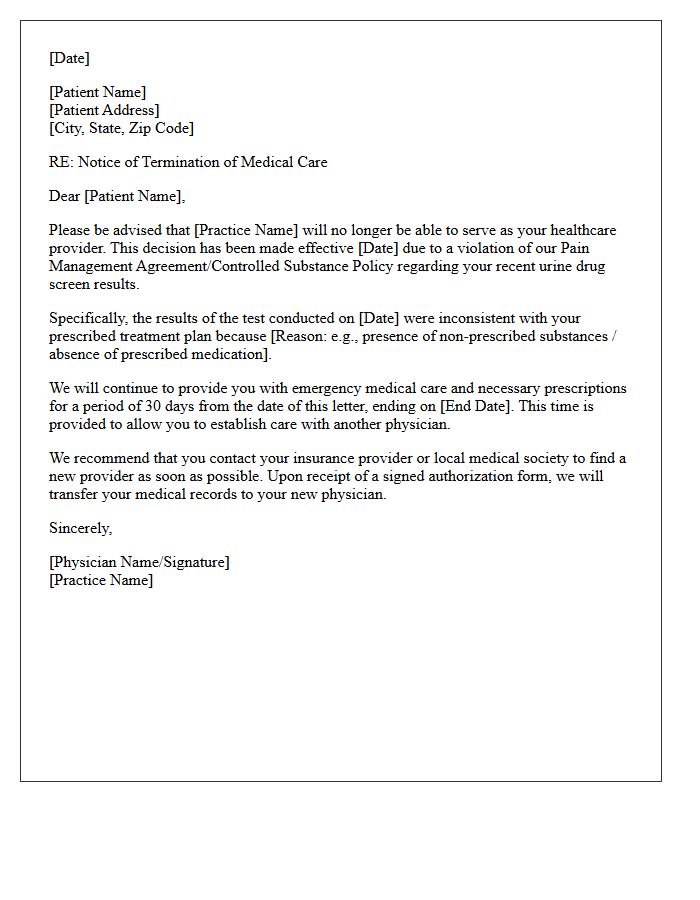 Patient Dismissal Letter for Failed Urine Drug Screen