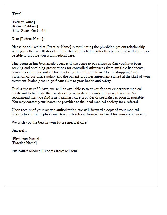Patient Dismissal Letter for Seeking Prescriptions from Multiple Providers