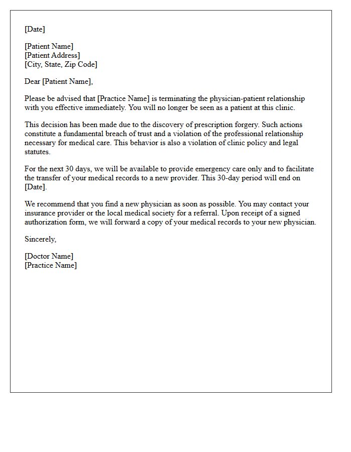 Immediate Patient Dismissal Letter for Prescription Forgery