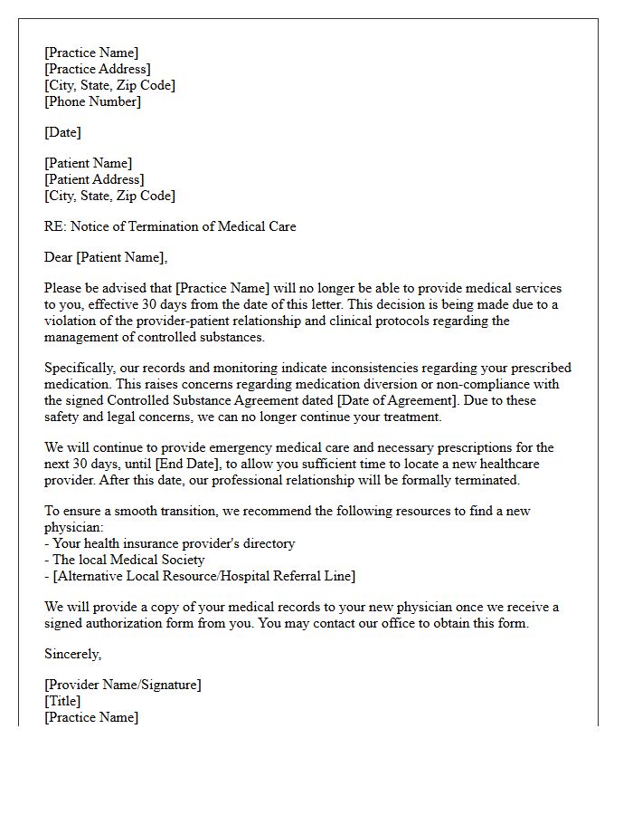 Patient Dismissal Letter for Suspected Medication Diversion