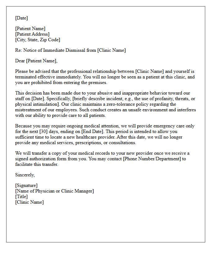 Immediate Dismissal Letter for Abusive Behavior Towards Clinic Staff