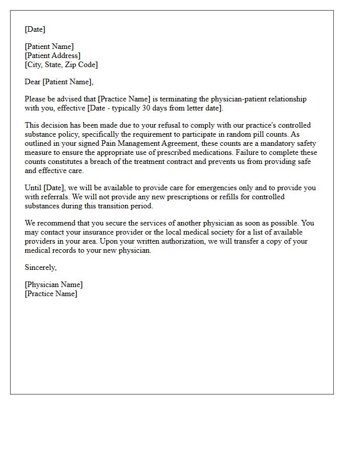 Patient Dismissal Letter for Refusal to Complete Random Pill Counts