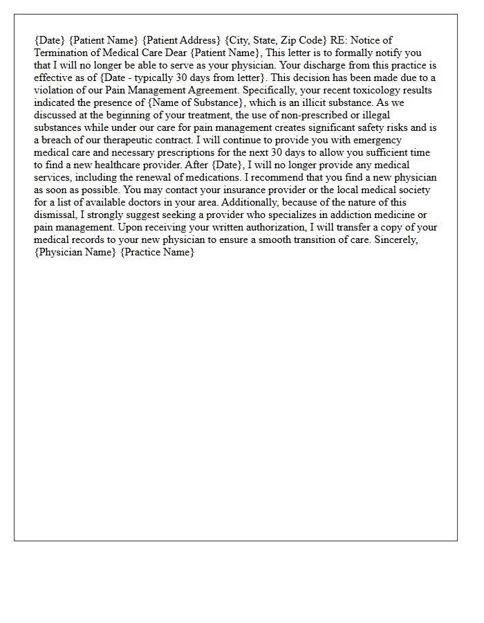 Patient Dismissal Letter for Illicit Substance Use During Pain Treatment