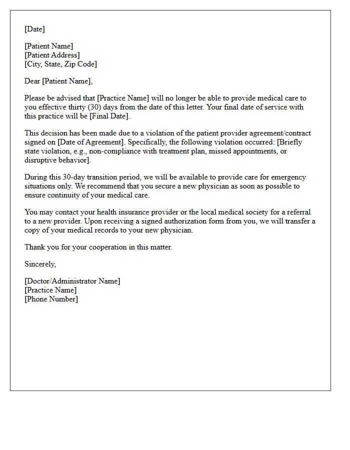 Thirty-Day Notice Patient Dismissal Letter for Contract Violation