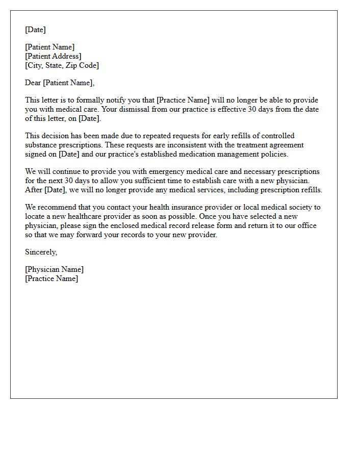 Patient Dismissal Letter for Repeated Early Refill Requests