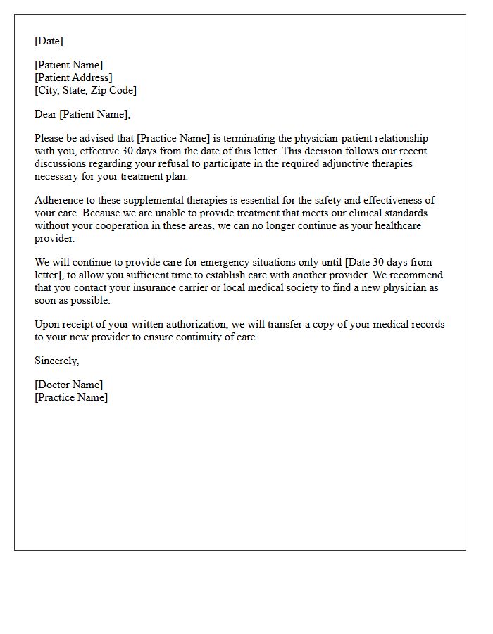 Patient Dismissal Letter for Refusal of Required Adjunctive Therapies
