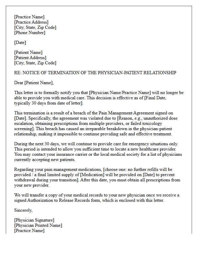 Formal Patient Dismissal Letter for Breach of Pain Management Agreement
