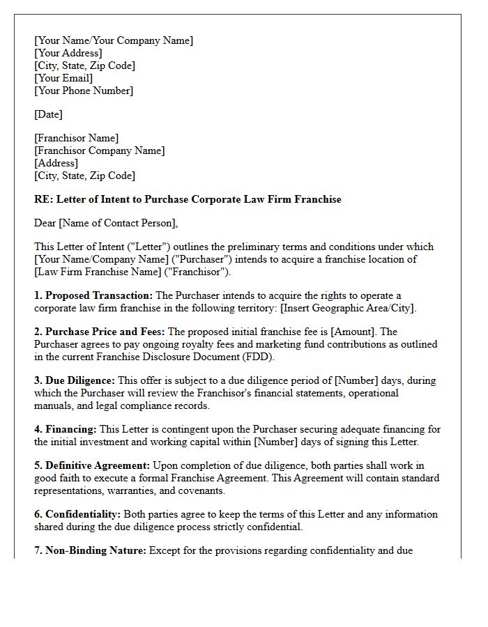 Letter of Intent for Corporate Law Firm Franchise Purchase