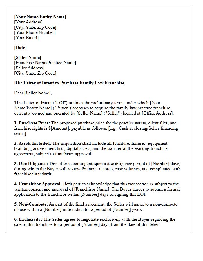 Letter of Intent for Family Law Practice Franchise Acquisition