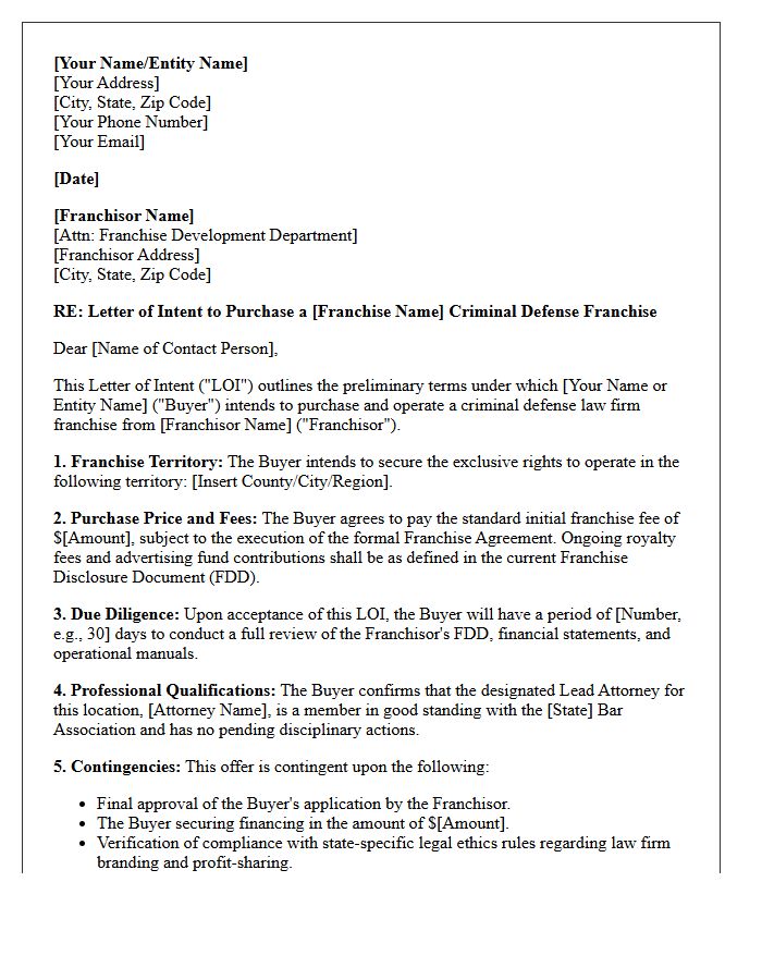 Letter of Intent for Criminal Defense Law Firm Franchise Purchase