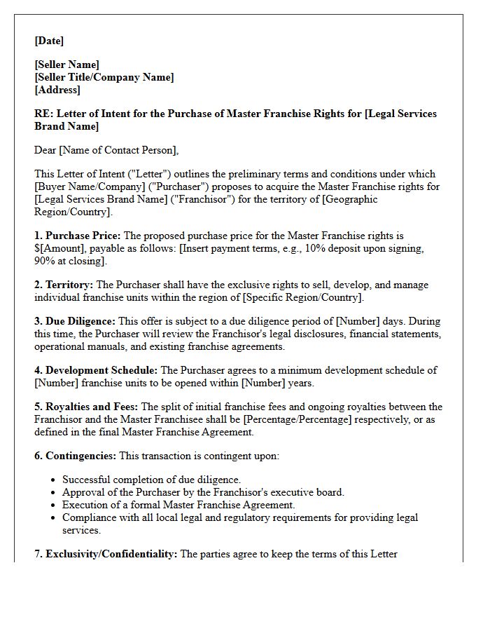 Master Franchise Purchase Letter of Intent for Legal Services