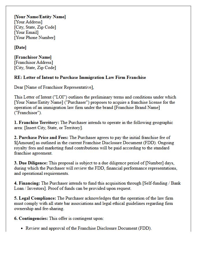 Letter of Intent for Immigration Law Firm Franchise Purchase