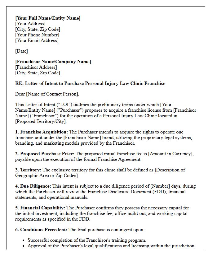 Letter of Intent for Personal Injury Law Clinic Franchise Purchase