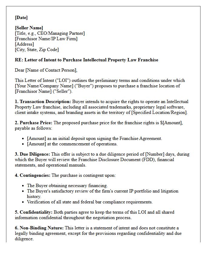Letter of Intent for Intellectual Property Law Firm Franchise Purchase