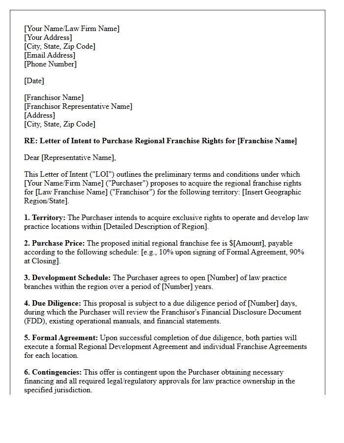 Regional Franchise Purchase Letter of Intent for Law Practice