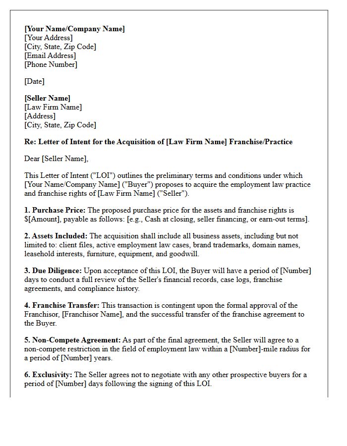 Letter of Intent for Employment Law Firm Franchise Acquisition
