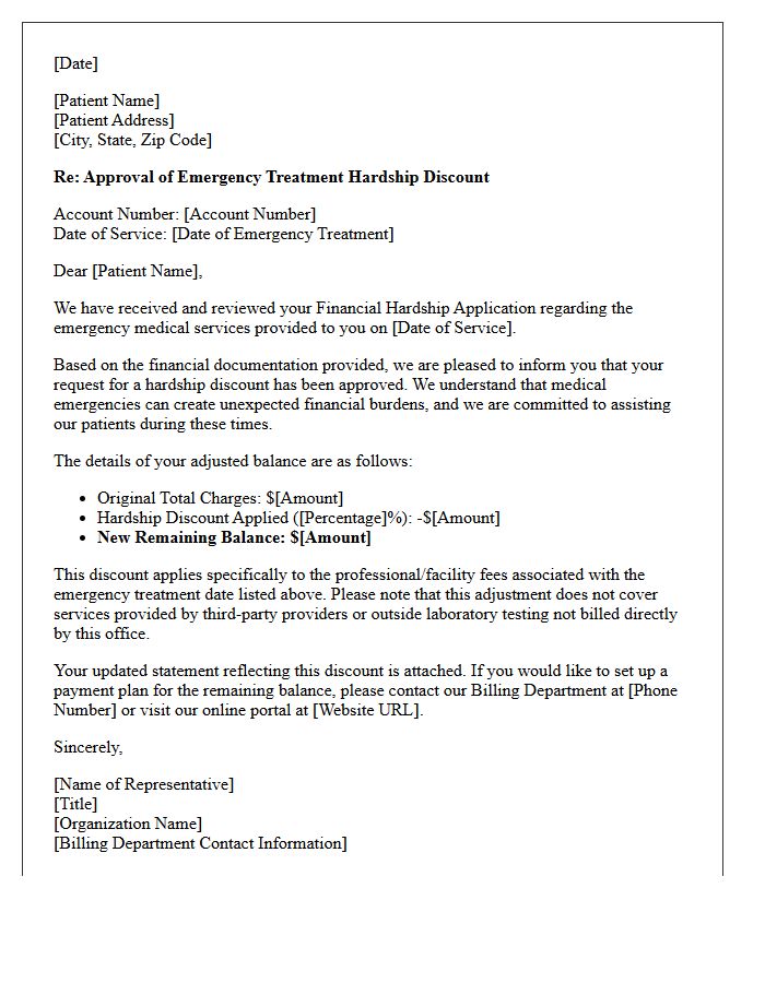 Emergency Treatment Hardship Discount Approval Letter
