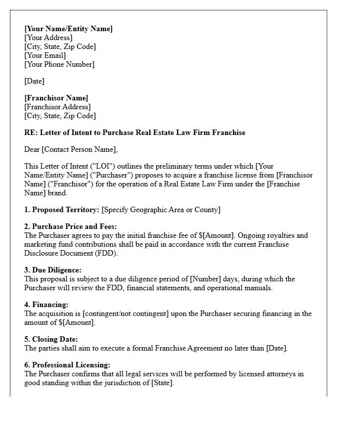 Letter of Intent for Real Estate Law Firm Franchise Purchase