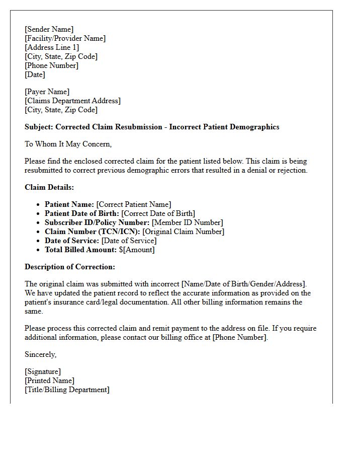 Corrected Claim Resubmission Letter for Incorrect Patient Demographics