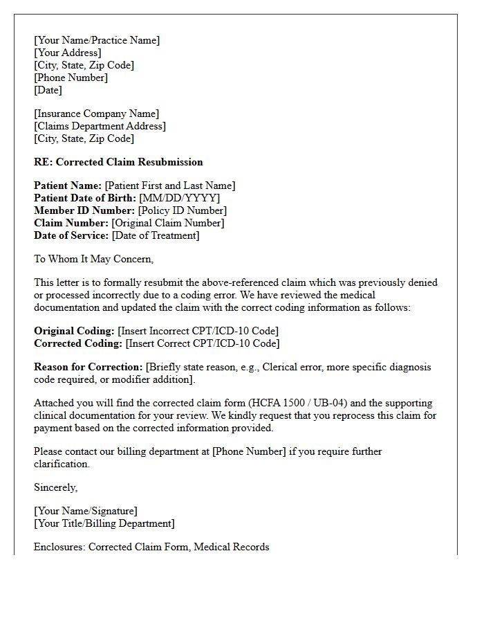 Corrected Claim Resubmission Letter for Medical Coding Errors