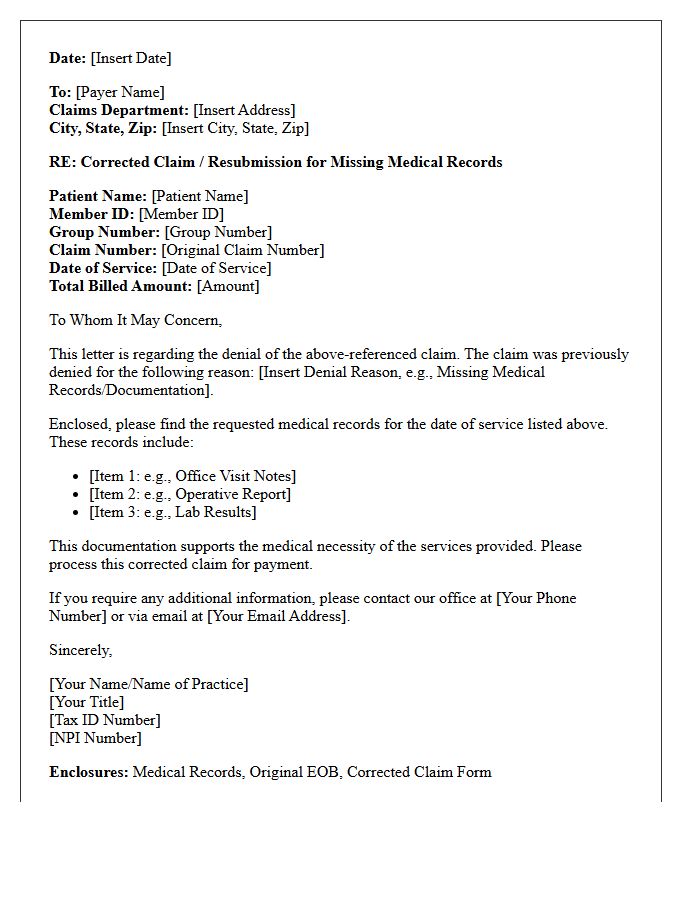 Corrected Claim Resubmission Letter for Missing Medical Records