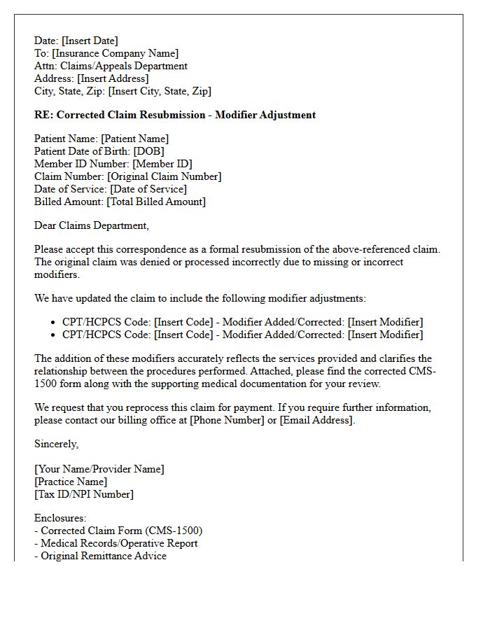 Corrected Claim Resubmission Letter for Modifier Adjustments