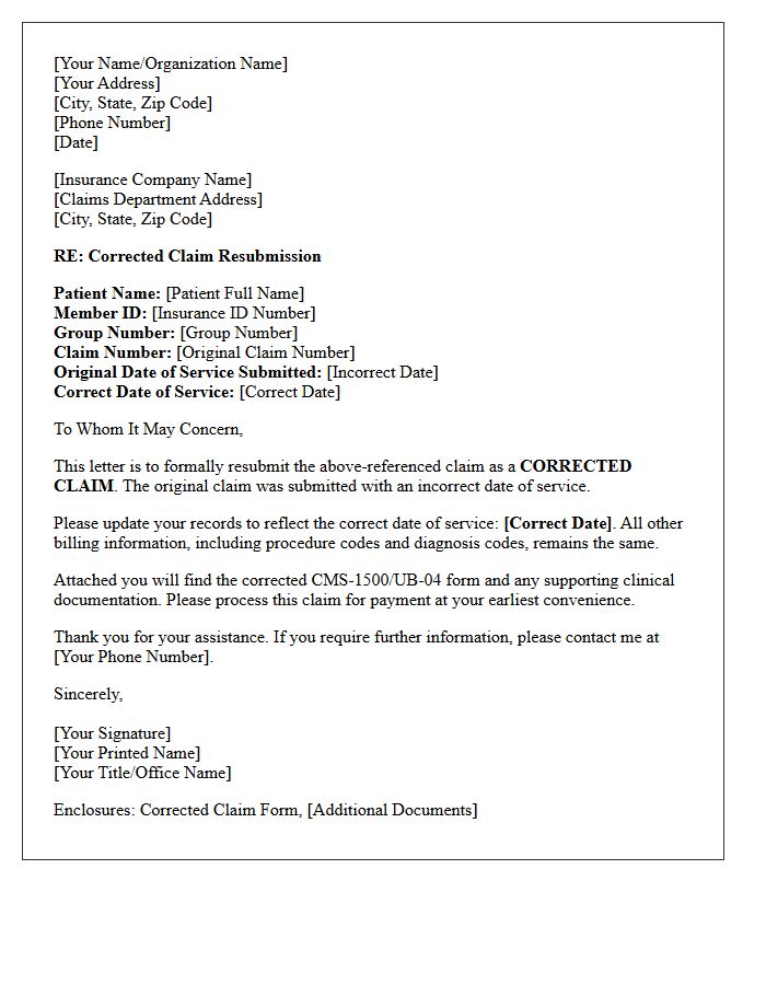 Corrected Claim Resubmission Letter for Incorrect Date of Service