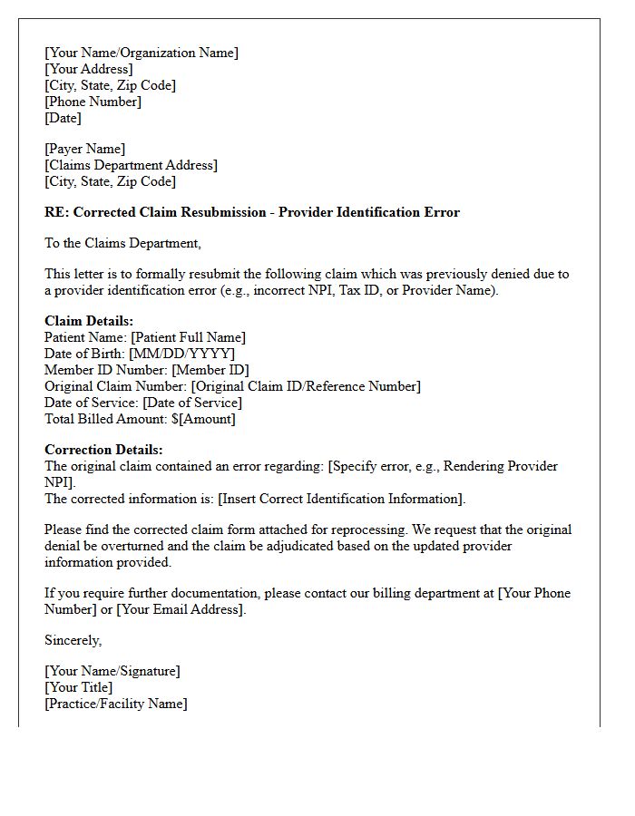 Corrected Claim Resubmission Letter for Provider Identification Errors