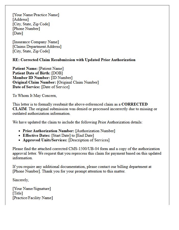 Corrected Claim Resubmission Letter for Prior Authorization Updates