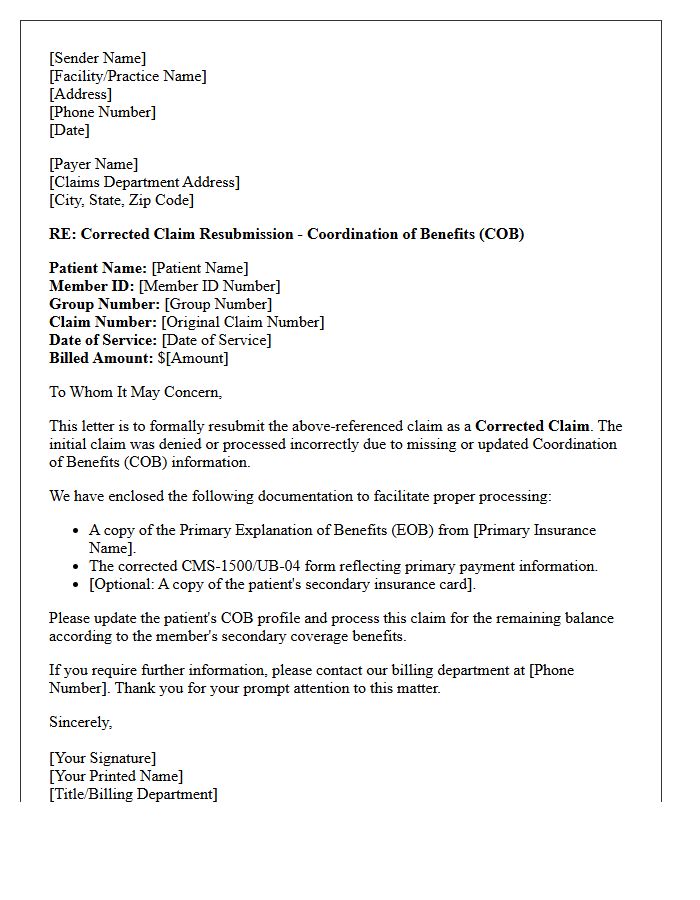 Corrected Claim Resubmission Letter for Coordination of Benefits