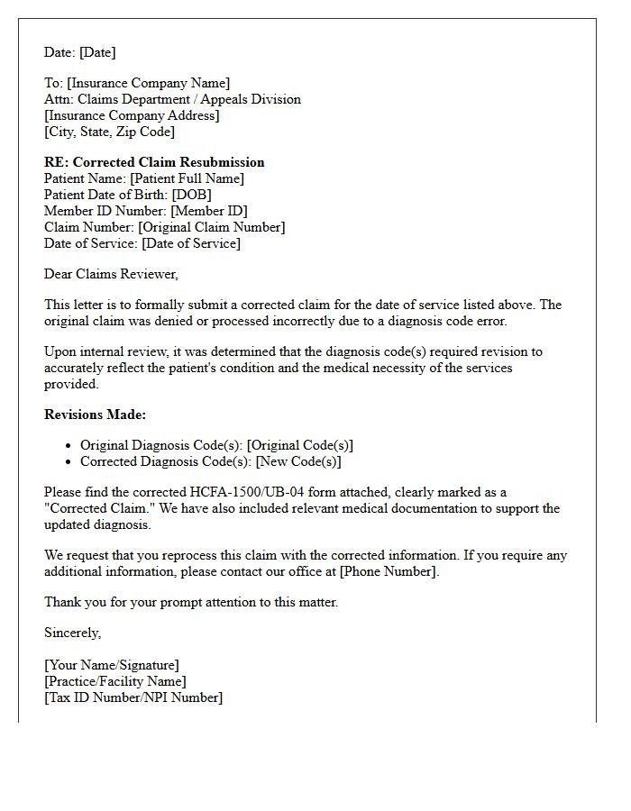 Corrected Claim Resubmission Letter for Diagnosis Code Revisions
