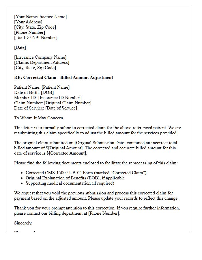 Corrected Claim Resubmission Letter for Billed Amount Adjustments