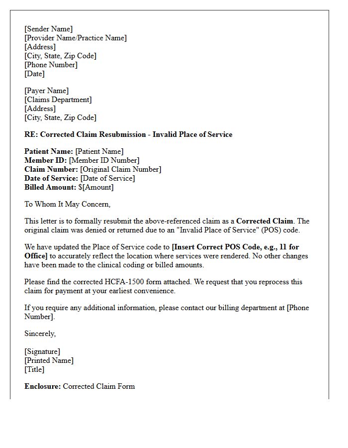 Corrected Claim Resubmission Letter for Invalid Place of Service