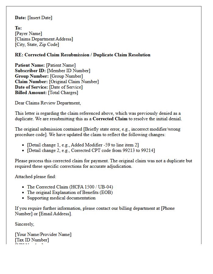 Corrected Claim Resubmission Letter for Duplicate Claim Resolution