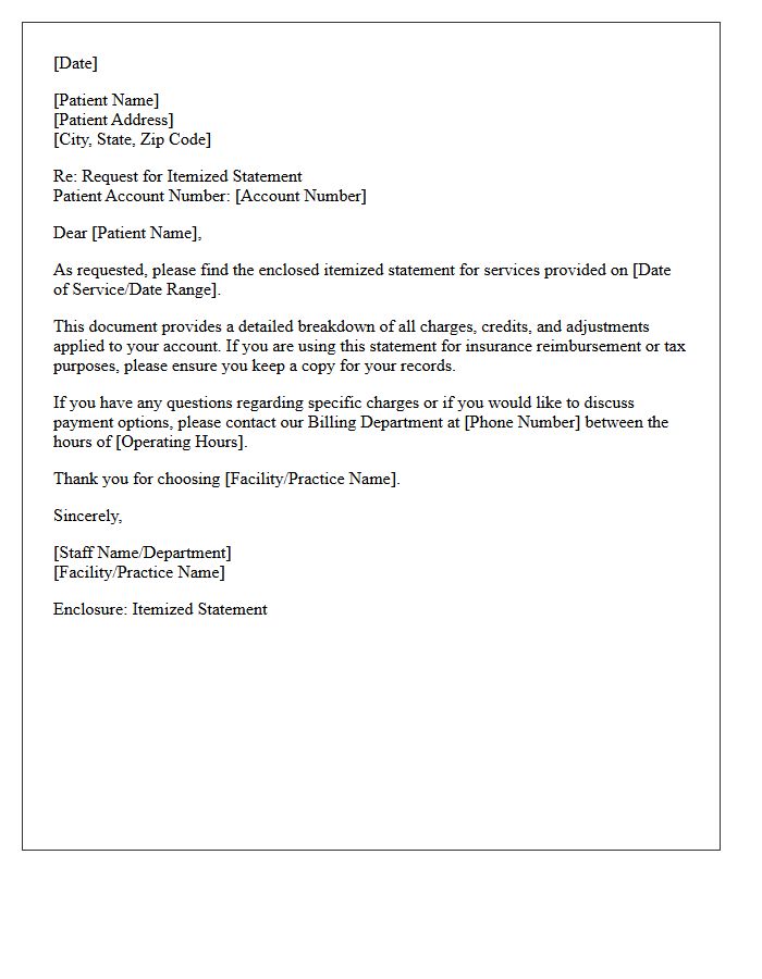 Standard Patient Itemized Statement Fulfillment Letter