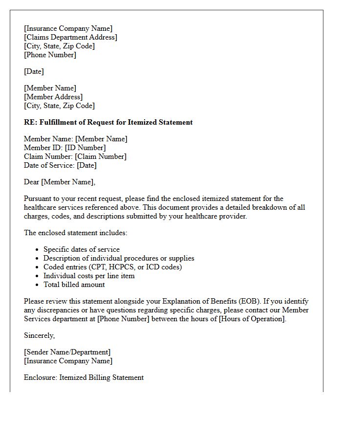 Insurance Provider Itemized Statement Fulfillment Letter