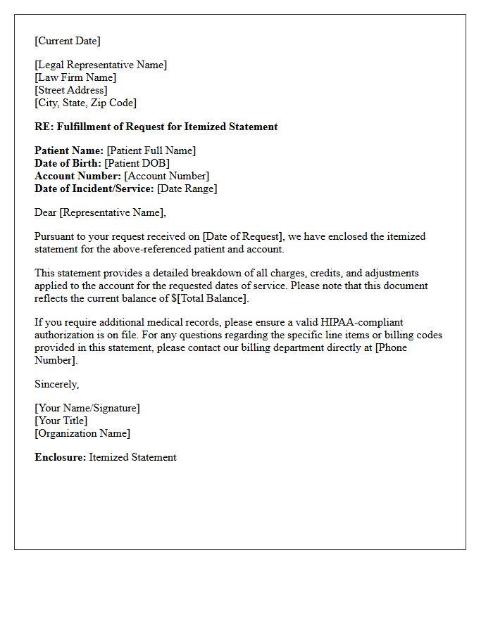 Legal Representative Itemized Statement Fulfillment Letter