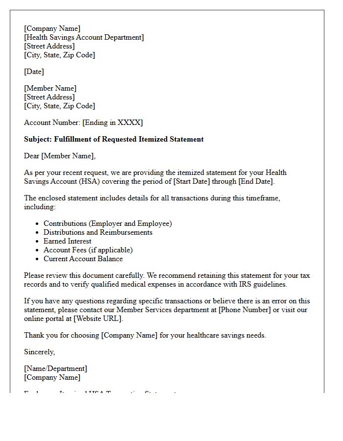 Health Savings Account Itemized Statement Fulfillment Letter