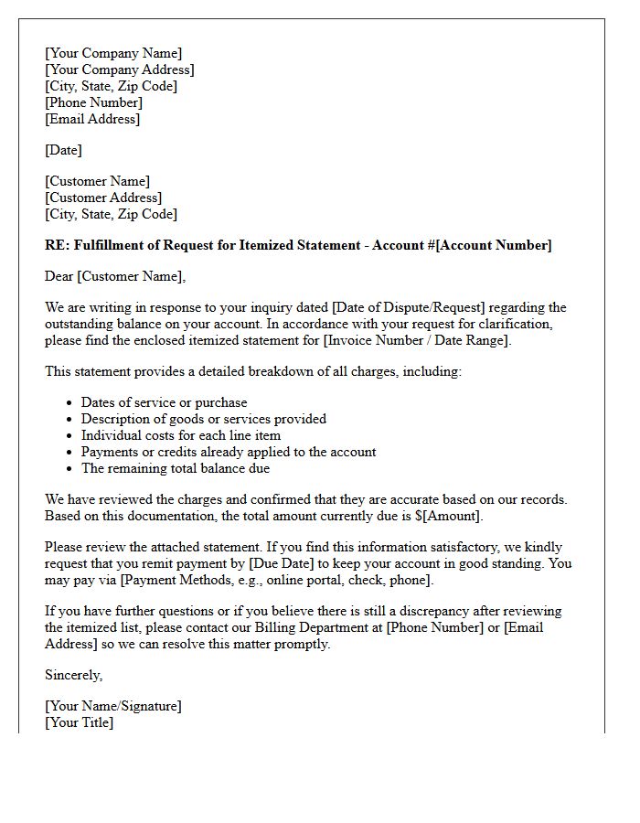 Billing Dispute Resolution Itemized Statement Fulfillment Letter