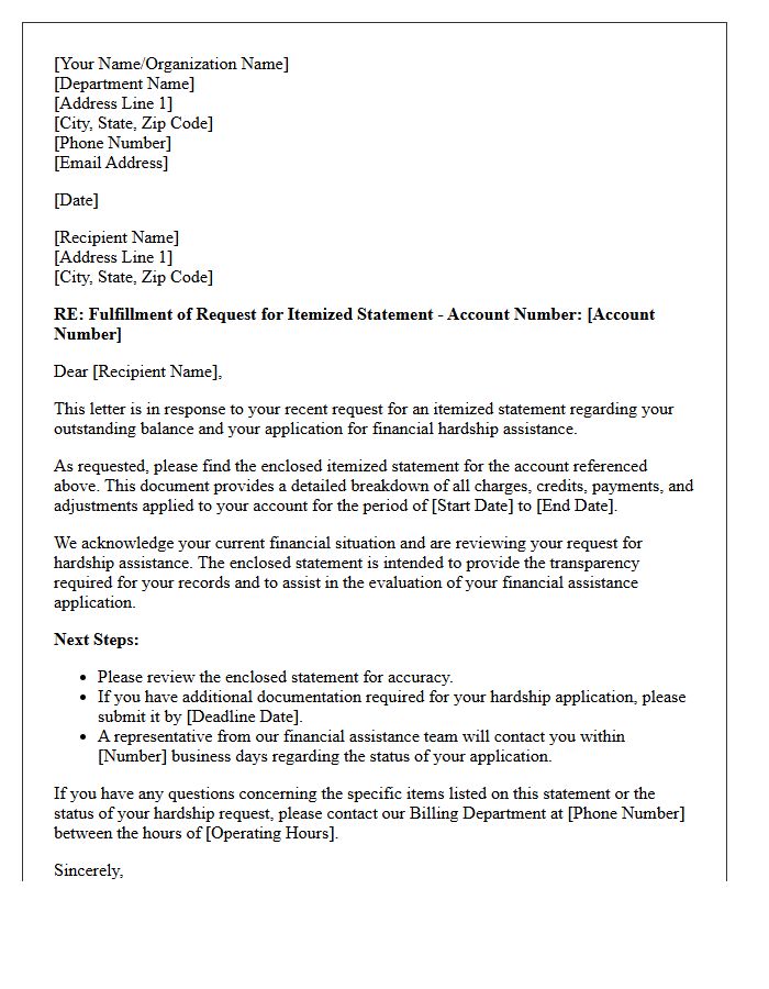 Financial Hardship Assistance Itemized Statement Fulfillment Letter