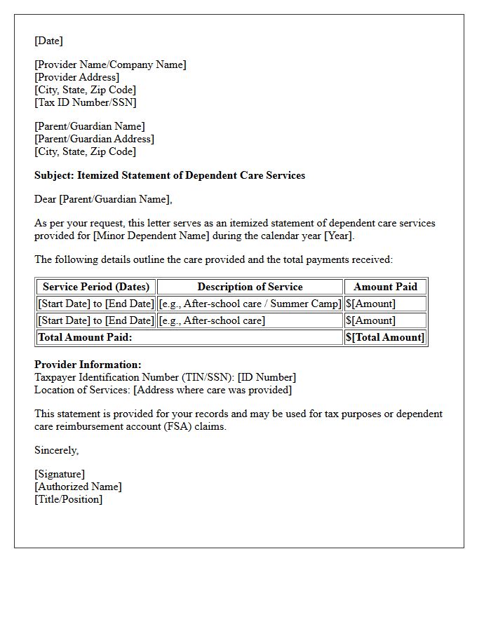 Minor Dependent Care Itemized Statement Fulfillment Letter