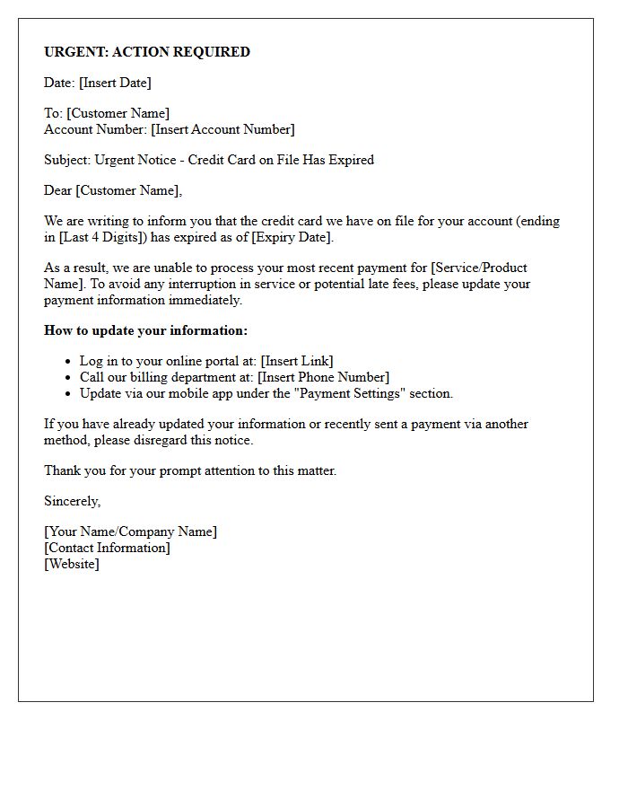 Urgent Notice of Expired Credit Card on File Letter