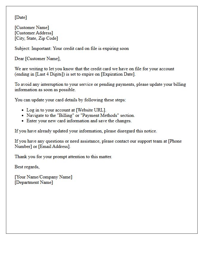 Expiring Credit Card File Update Reminder Letter