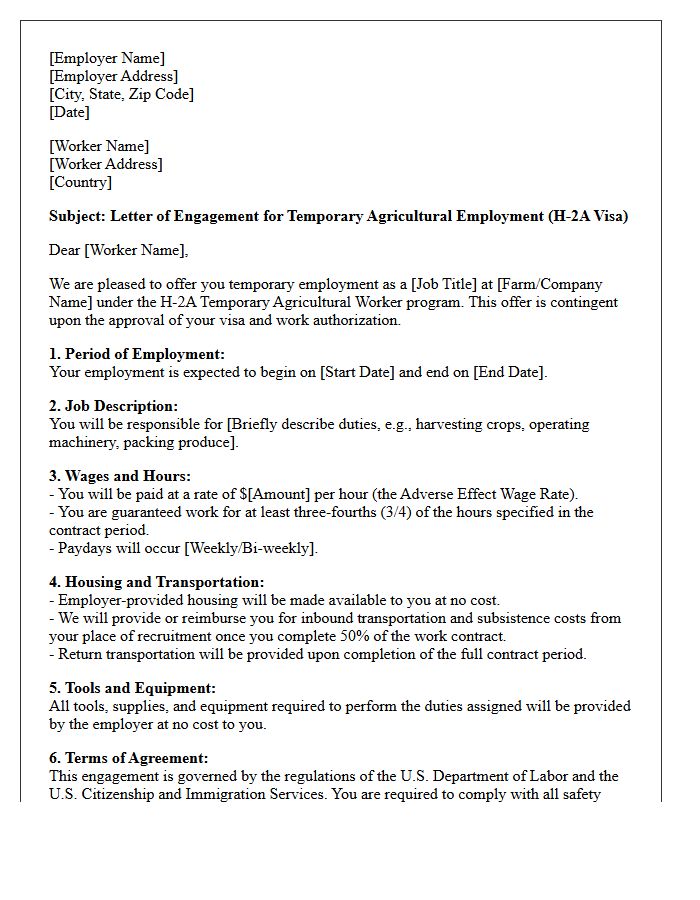 Temporary Agricultural Worker Visa Engagement Letter