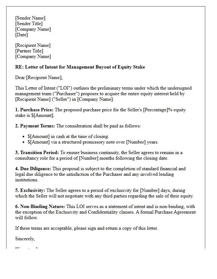 Letter of Intent for Management Buyout of Retiring Partner Equity