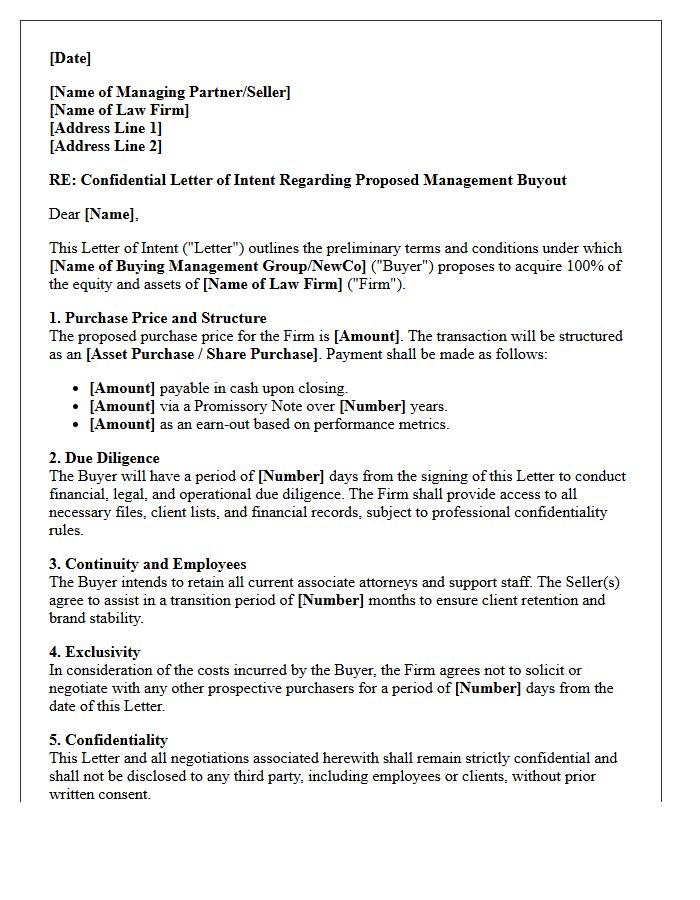 Confidential Letter of Intent for Full Management Buyout of Regional Law Firm