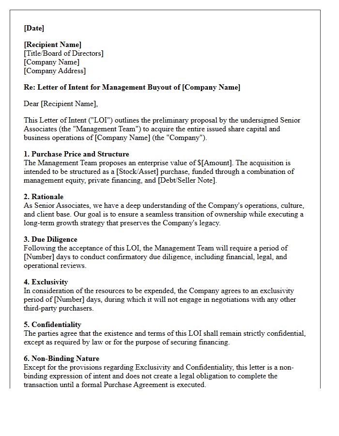 Letter of Intent for Management Buyout by Senior Associates