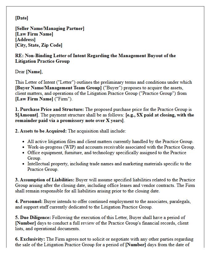 Non-Binding Letter of Intent for Management Buyout of Litigation Practice Group
