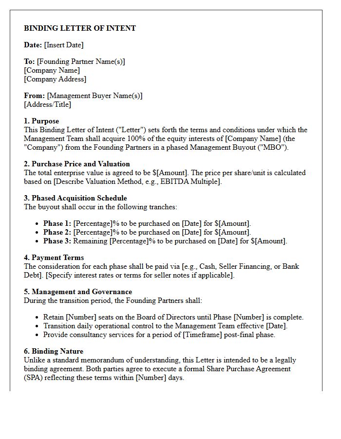 Binding Letter of Intent for Phased Management Buyout of Founding Partners