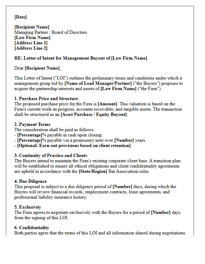 Letter of Intent for Management Buyout of Corporate Law Partnership